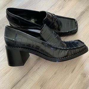 New Women's Zara Faux Croc Square Toe 2" Stacked Heel Loafers Black Size 8